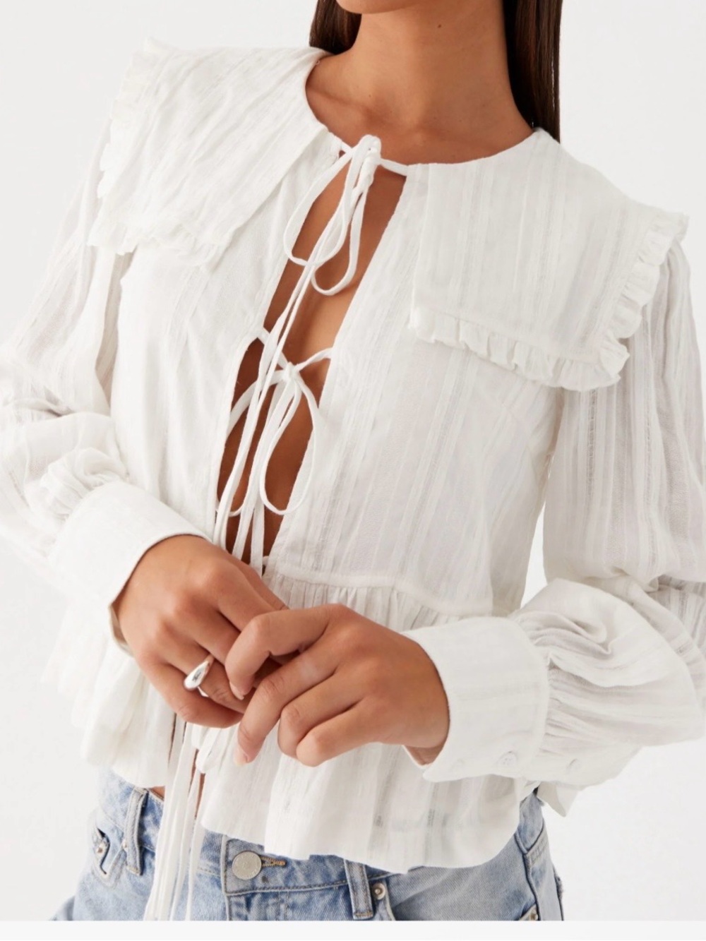 Peppermayo White Tie-Front Ruffled Collar Blouse